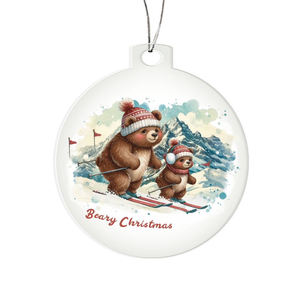 Two bears skiing with "Beary Christmas" text on holiday ornament.
