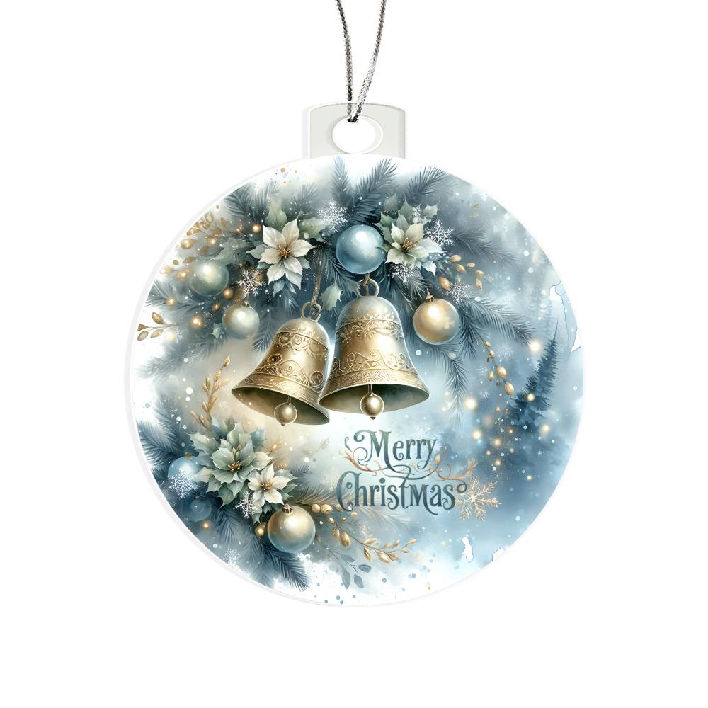 Elegant golden bells Christmas ornament with soft blue and gold accents.
