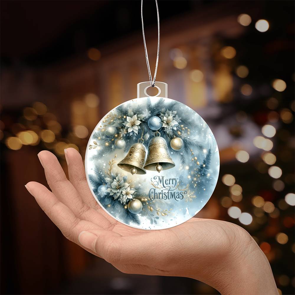 Elegant golden bells Christmas ornament with soft blue and gold accents.
