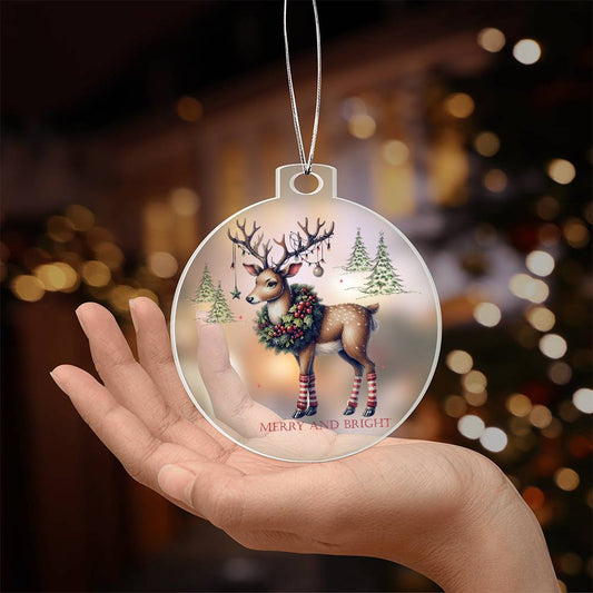 Deer ornament with lights and stockings, Merry & Bright holiday decor.
