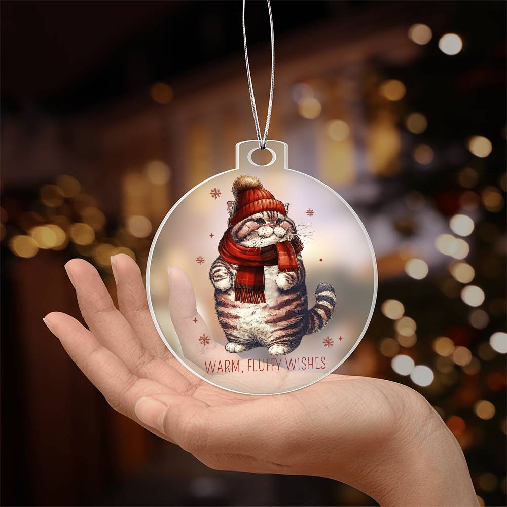 Nostalgic cat ornament with red snowflakes and "Warm Fluffy Wishes."
