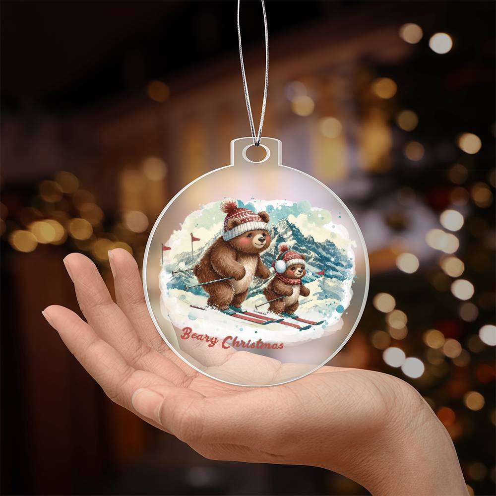 Two bears skiing with "Beary Christmas" text on holiday ornament.
