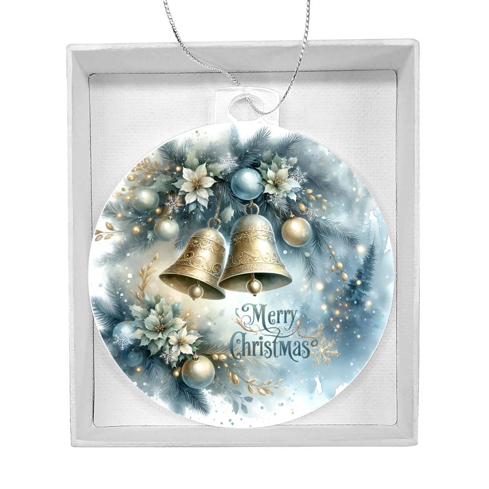 Elegant golden bells Christmas ornament with soft blue and gold accents.
