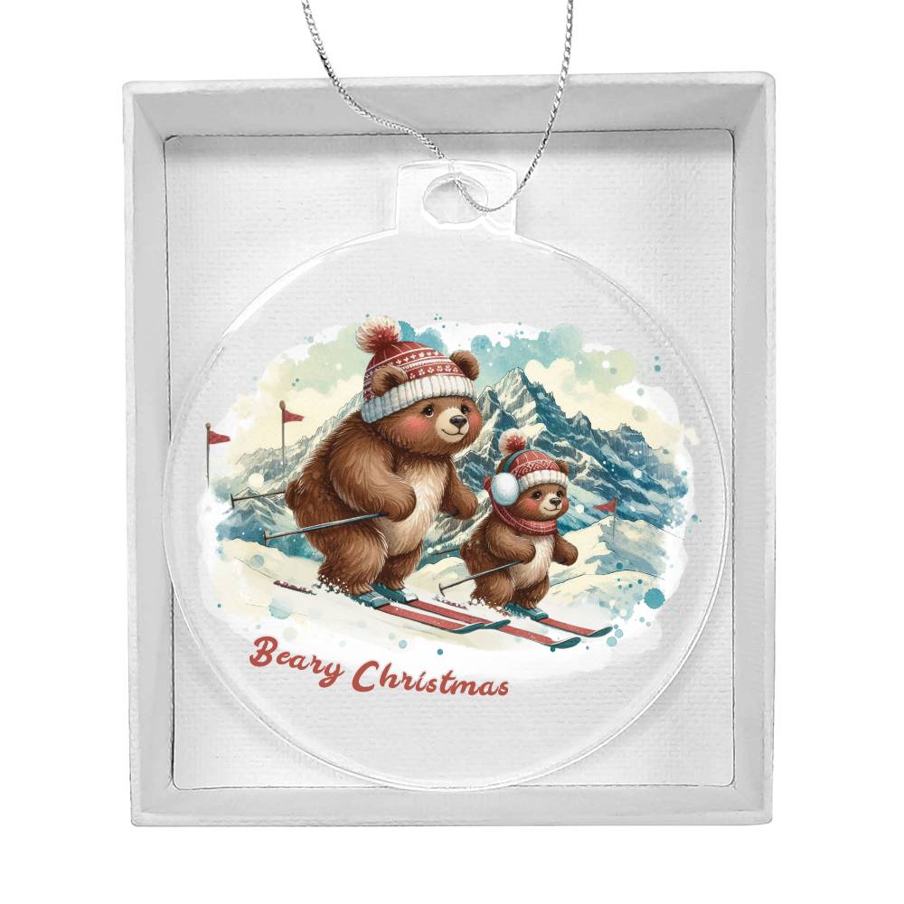 Two bears skiing with "Beary Christmas" text on holiday ornament.
