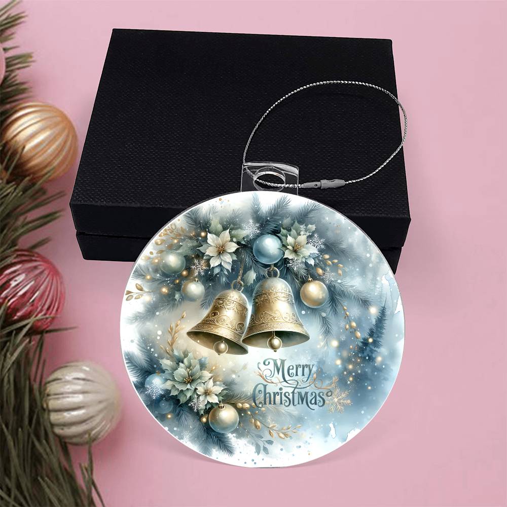 Elegant golden bells Christmas ornament with soft blue and gold accents.
