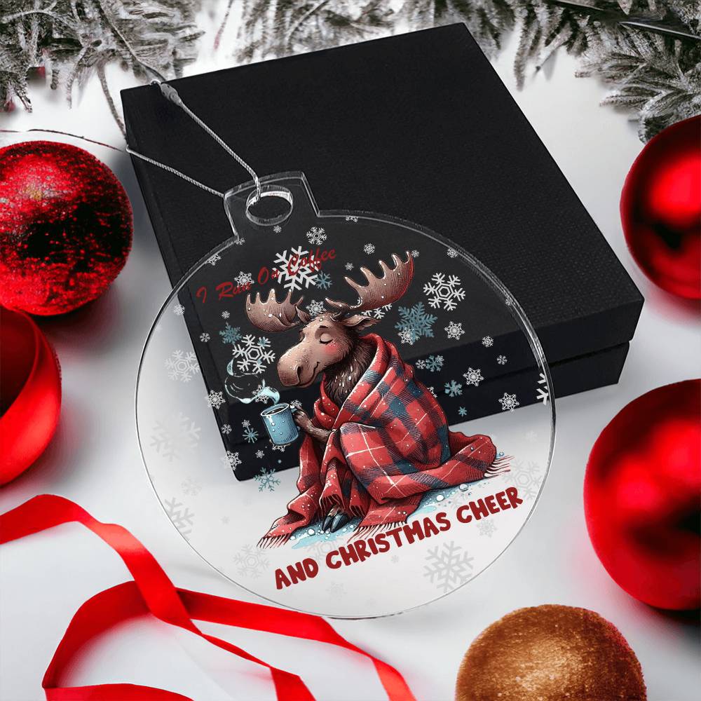 Moose wrapped in blanket holding coffee with "I run on coffee and Christmas cheer" text.
