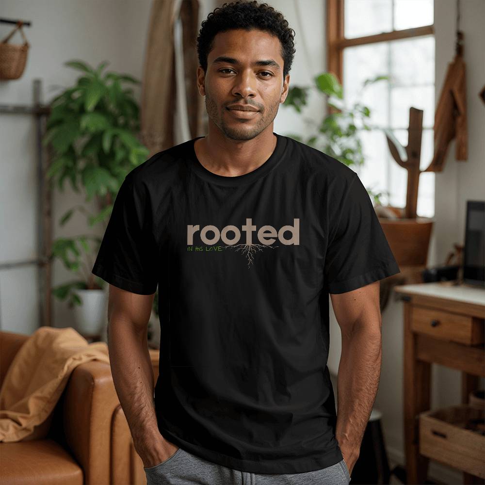 ROOTED IN HIS LOVE BLACK UNISEX CHRISTIAN TEE