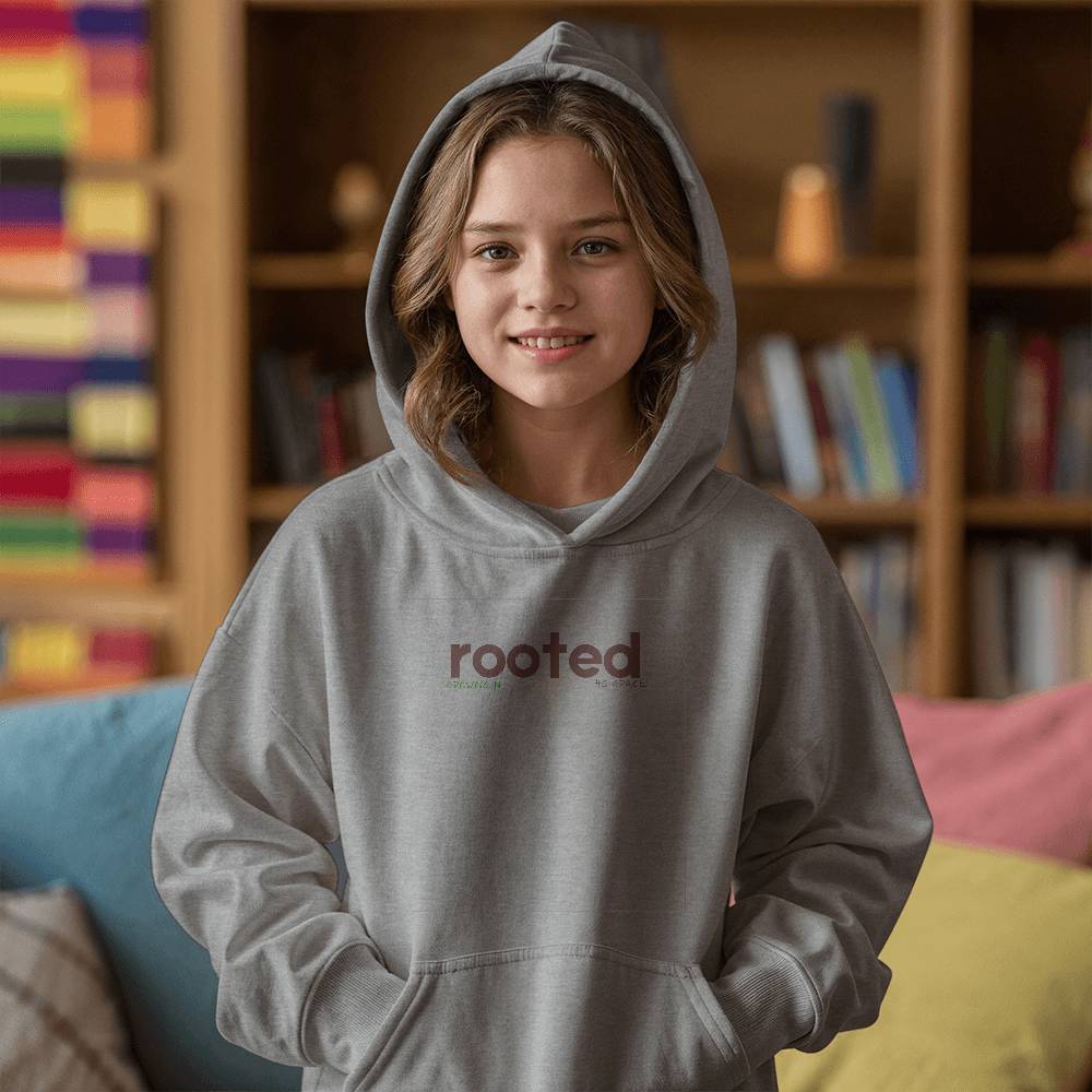 Rooted in His Love gray youth Christian hoodie  | Trendy Faith-Based Apparel
