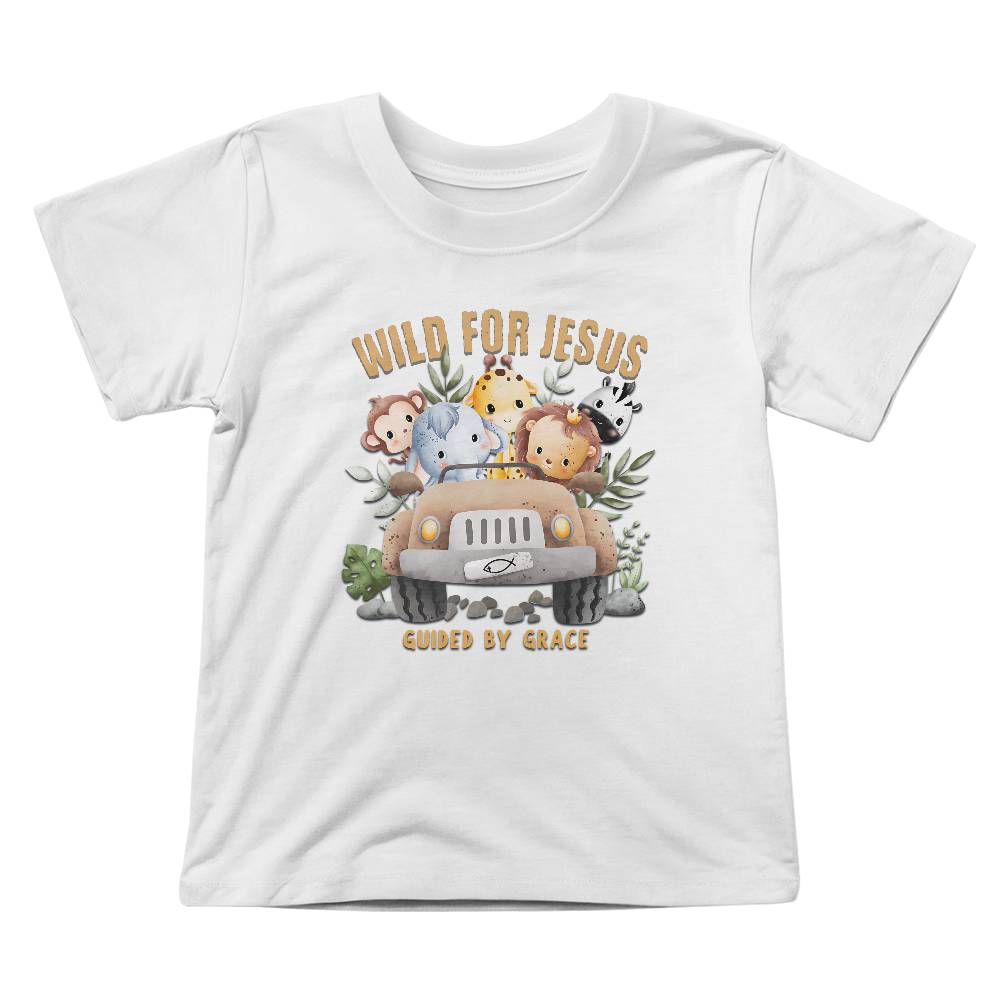 Wild for Jesus kids design with jungle animals in a Jeep – faith-based fun.
