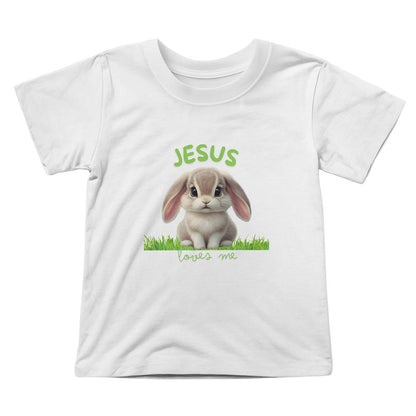 Jesus Loves Me toddler Christian tee with bunny on grass in vibrant colors.
