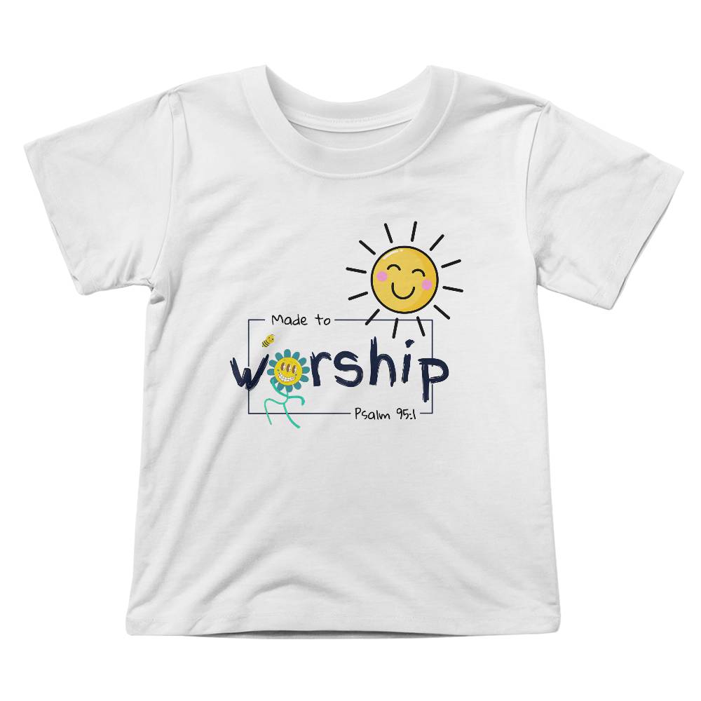 Christian kids clothing with happy sun, bee, flower, and Psalm 95:1.
