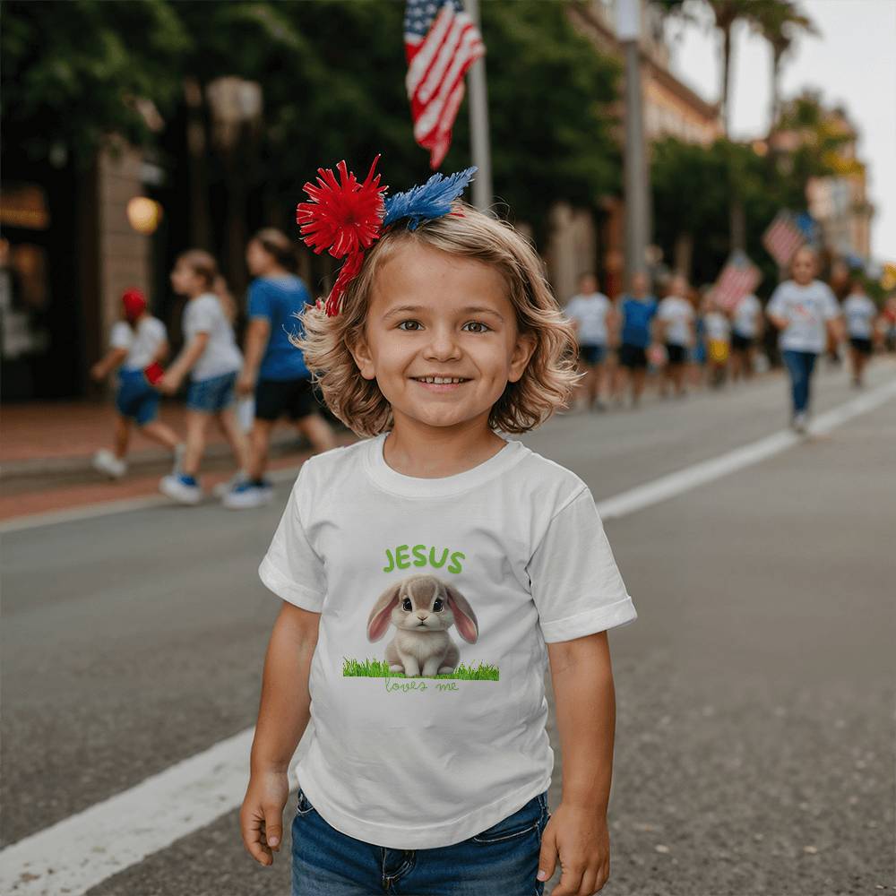 Jesus Loves Me toddler Christian tee with bunny on grass in vibrant colors.
