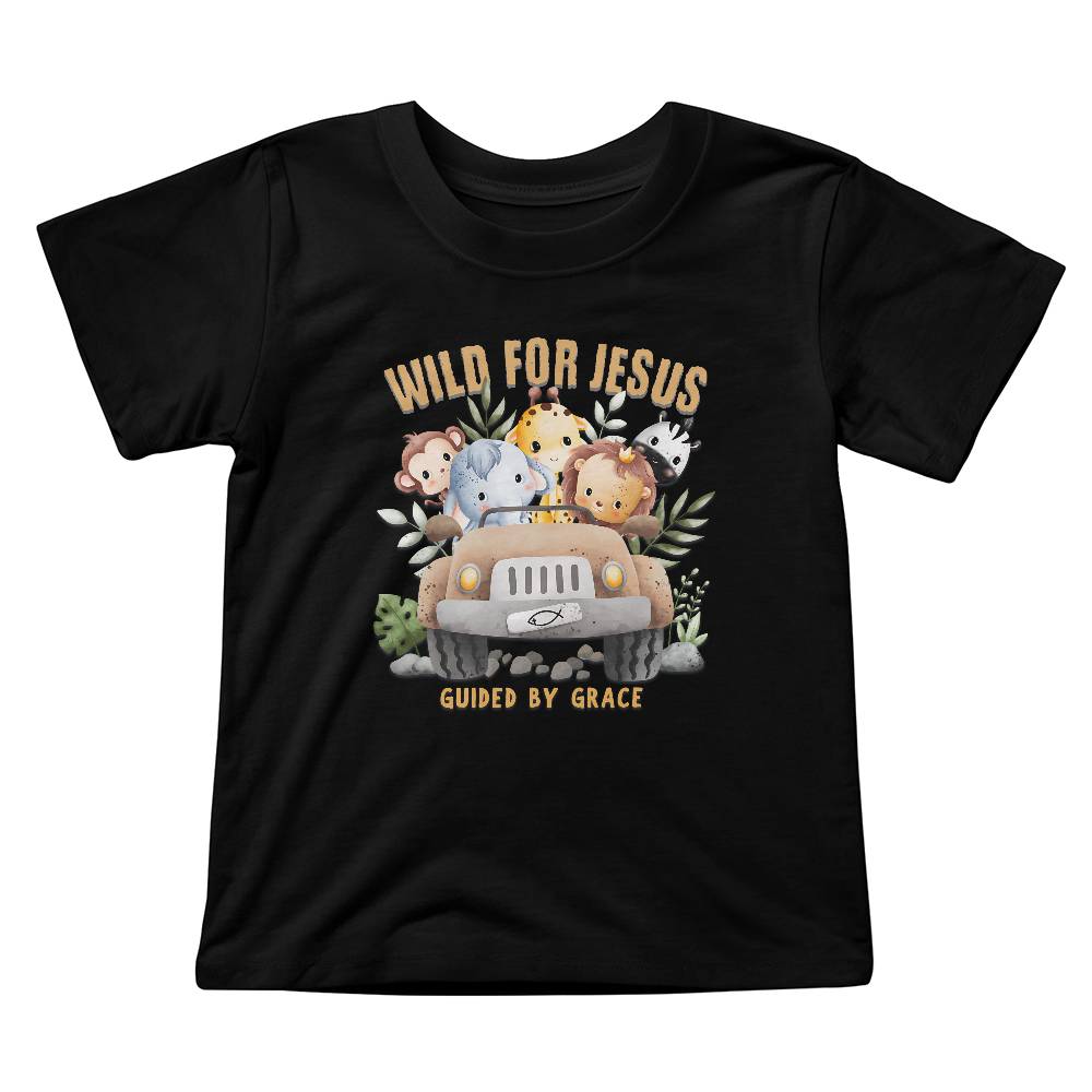 Wild for Jesus kids design with jungle animals in a Jeep – faith-based fun.
