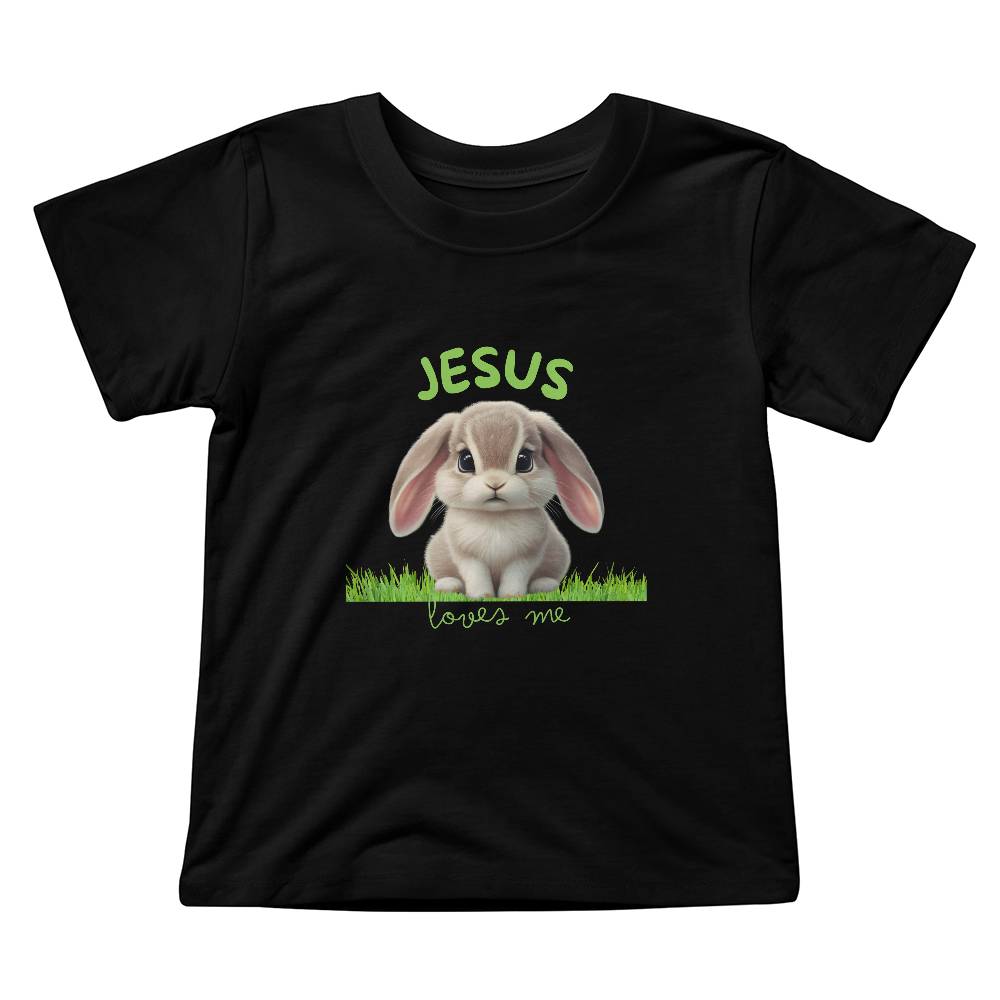 Jesus Loves Me toddler Christian tee with bunny on grass in vibrant colors.
