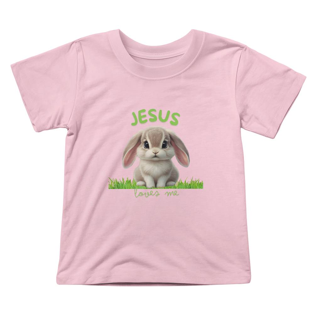 Jesus Loves Me toddler Christian tee with bunny on grass in vibrant colors.
