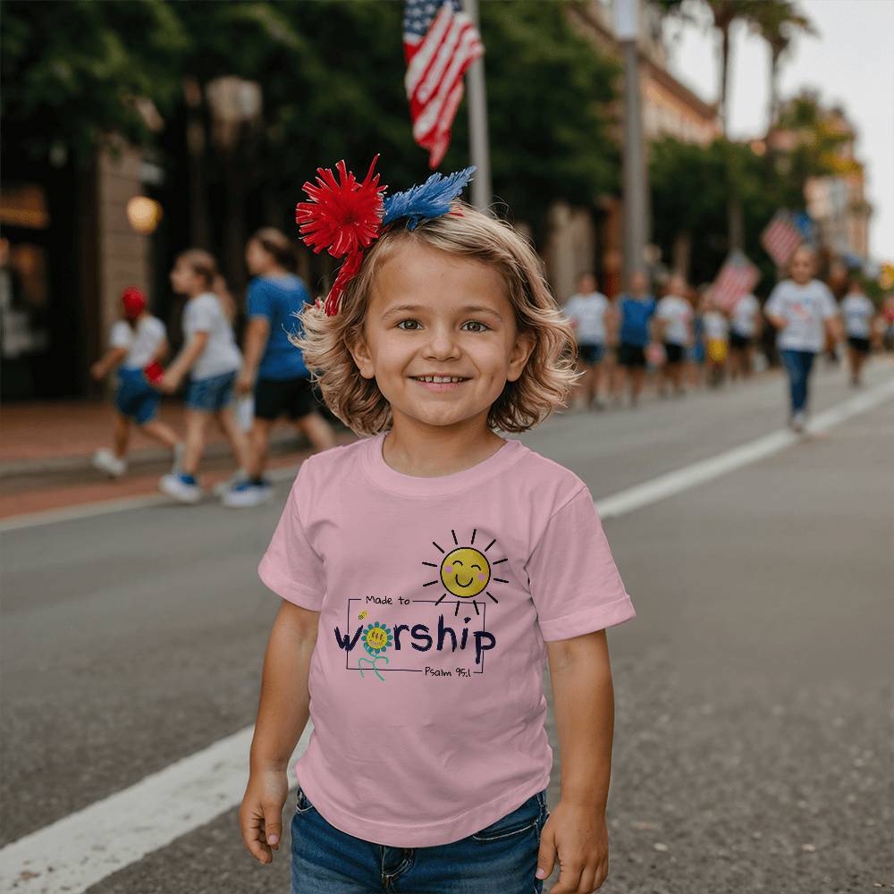 Christian kids clothing with happy sun, bee, flower, and Psalm 95:1.
