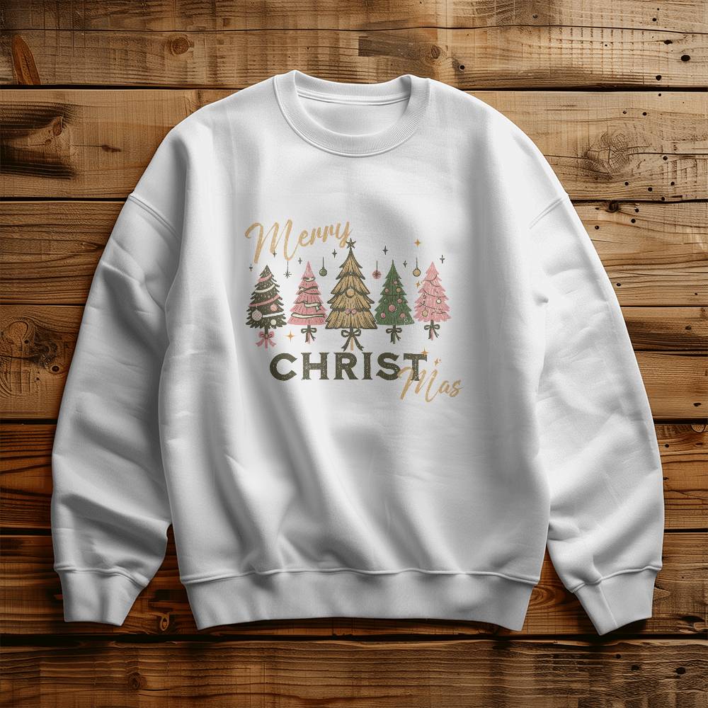 Cozy Christian Christmas sweatshirt featuring pastel tree design