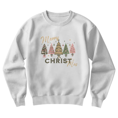 Cozy Christian Christmas sweatshirt featuring pastel tree design