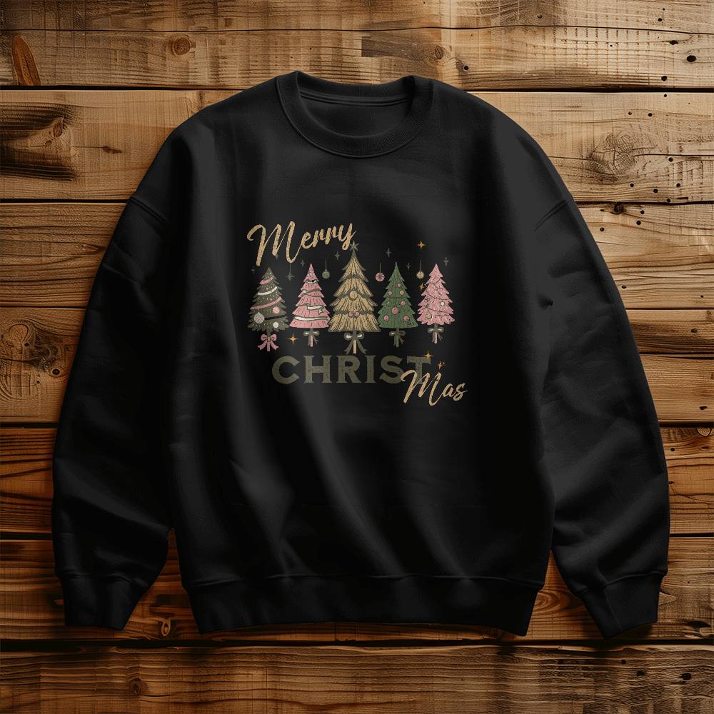 Cozy Christian Christmas sweatshirt featuring pastel tree design