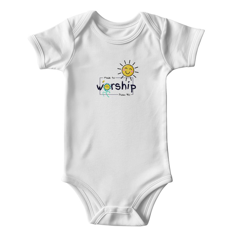 Christian kids clothing with happy sun, bee, flower, and Psalm 95:1.
