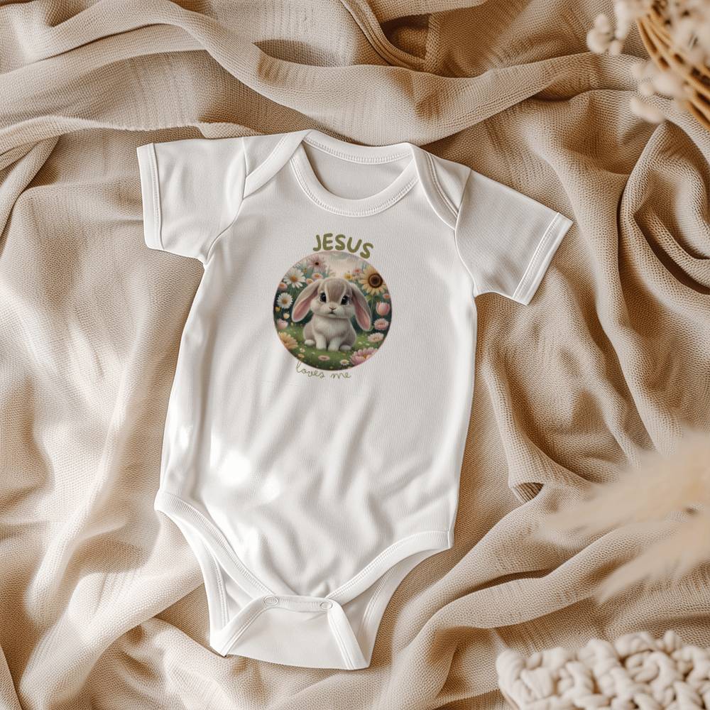 Jesus Loves Me Christian bodysuit with bunny in a flower garden.
