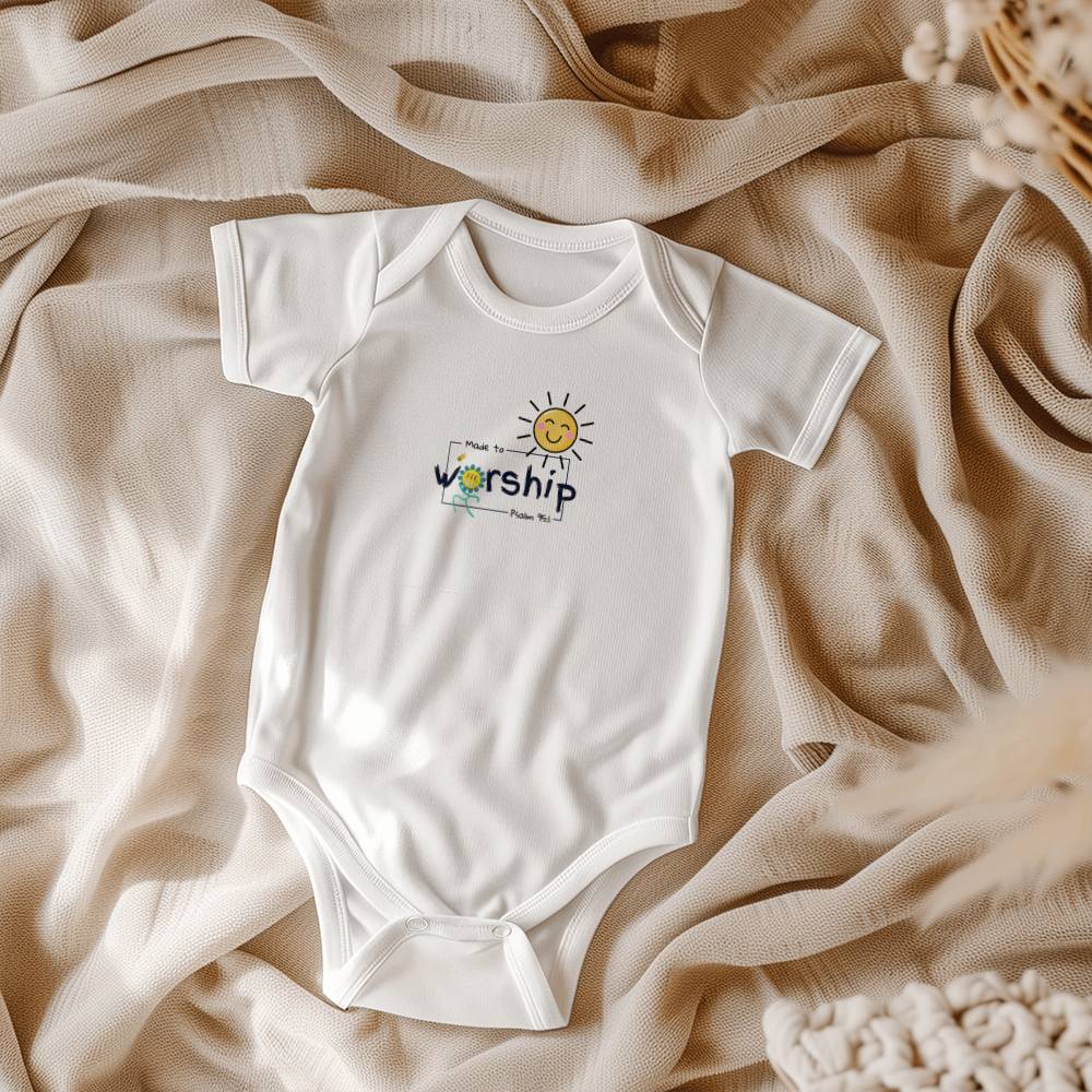 Christian kids clothing with happy sun, bee, flower, and Psalm 95:1.
