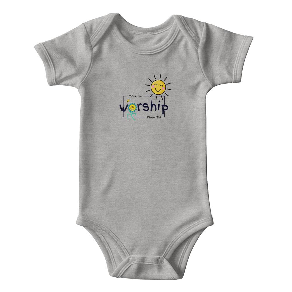 Christian kids clothing with happy sun, bee, flower, and Psalm 95:1.
