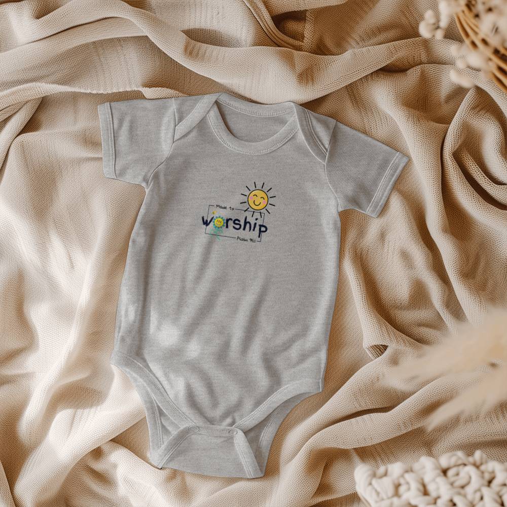 Christian kids clothing with happy sun, bee, flower, and Psalm 95:1.
