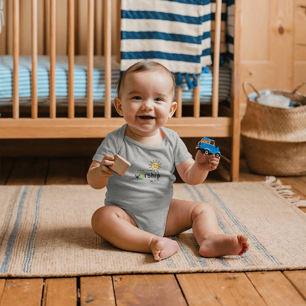 Christian kids clothing with happy sun, bee, flower, and Psalm 95:1.
