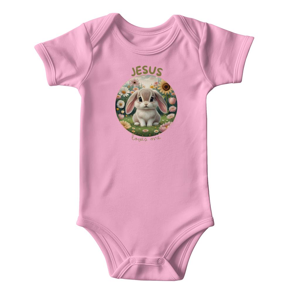 Jesus Loves Me Christian bodysuit with bunny in a flower garden.
