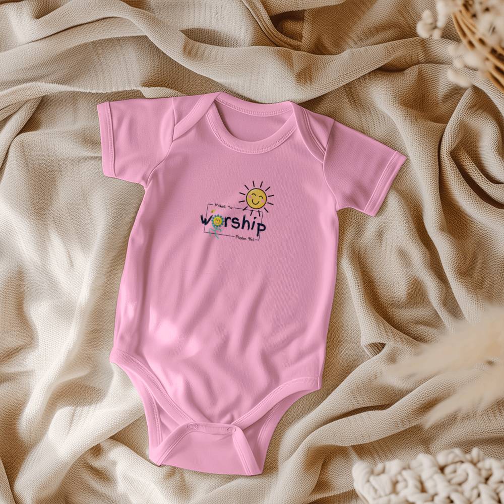 Christian kids clothing with happy sun, bee, flower, and Psalm 95:1.
