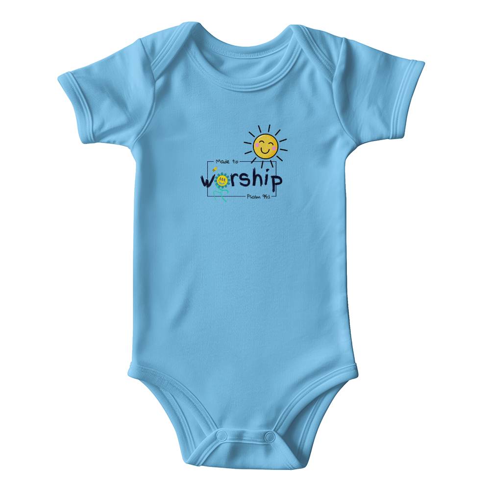 Christian kids clothing with happy sun, bee, flower, and Psalm 95:1.
