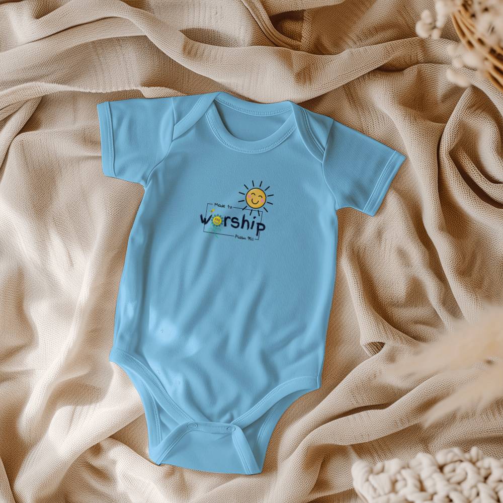 Christian kids clothing with happy sun, bee, flower, and Psalm 95:1.
