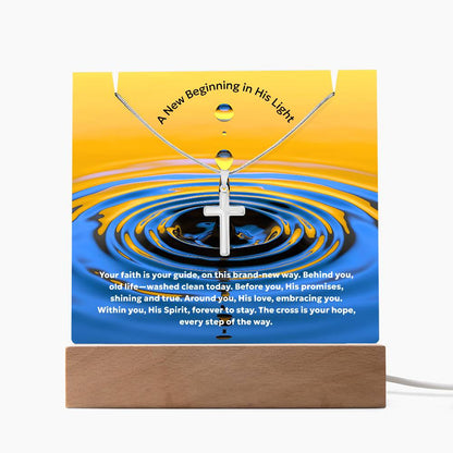 Faith’s Ripple Acrylic Plaque with Cross Necklace and water ripple design
