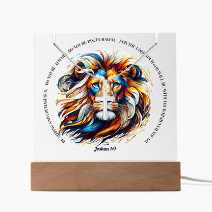 LION OF STRENGTH ACRYLIC ARTWORK AND CROSS NECKLACE WITH JOSHUA  1:9 VERSE