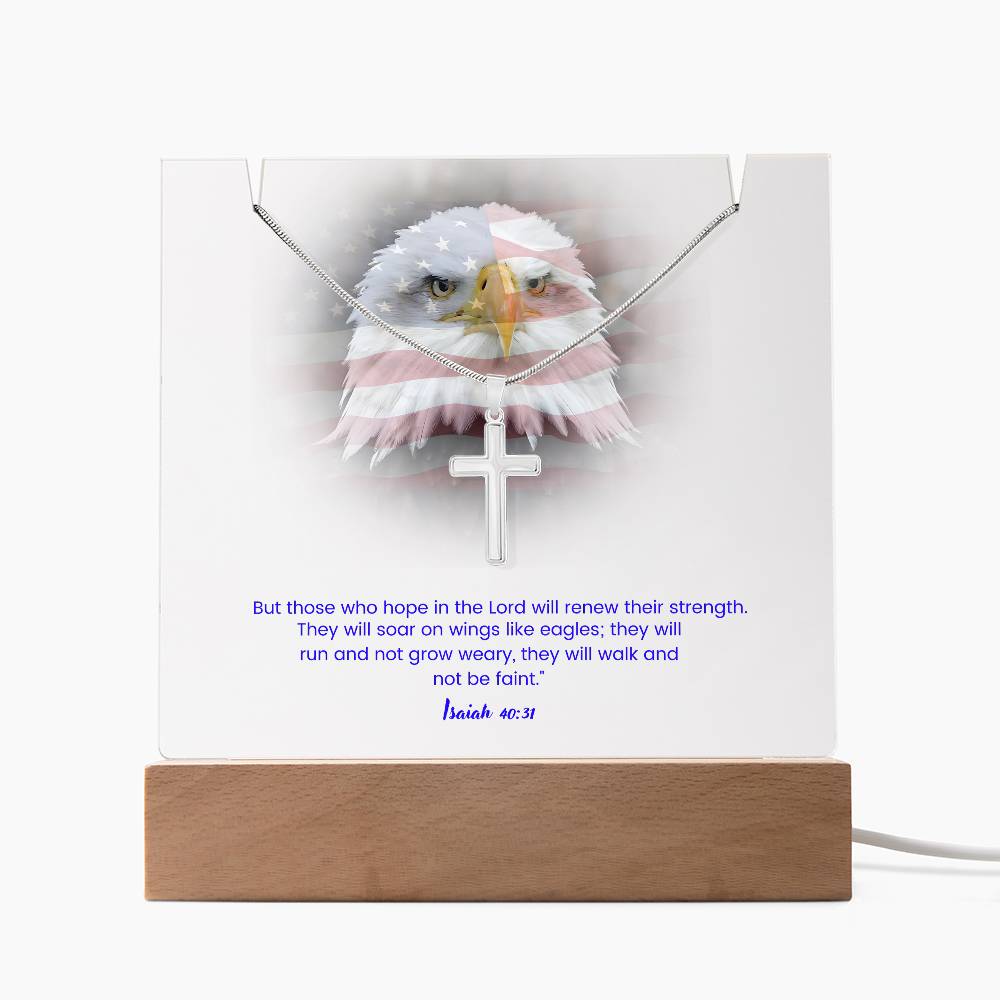 Eagle of Faith Acrylic Plaque with Cross Necklace design.