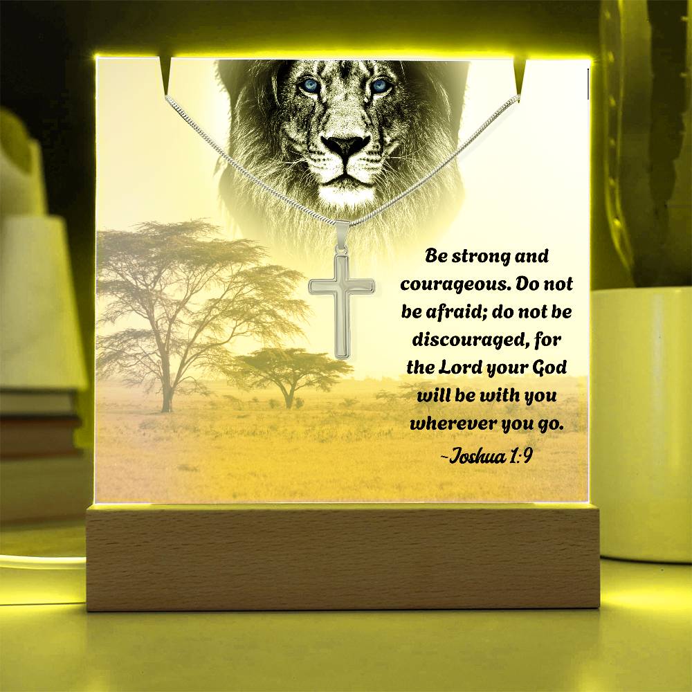 Lion of Judah Cross Necklace with Joshua 1:9.
