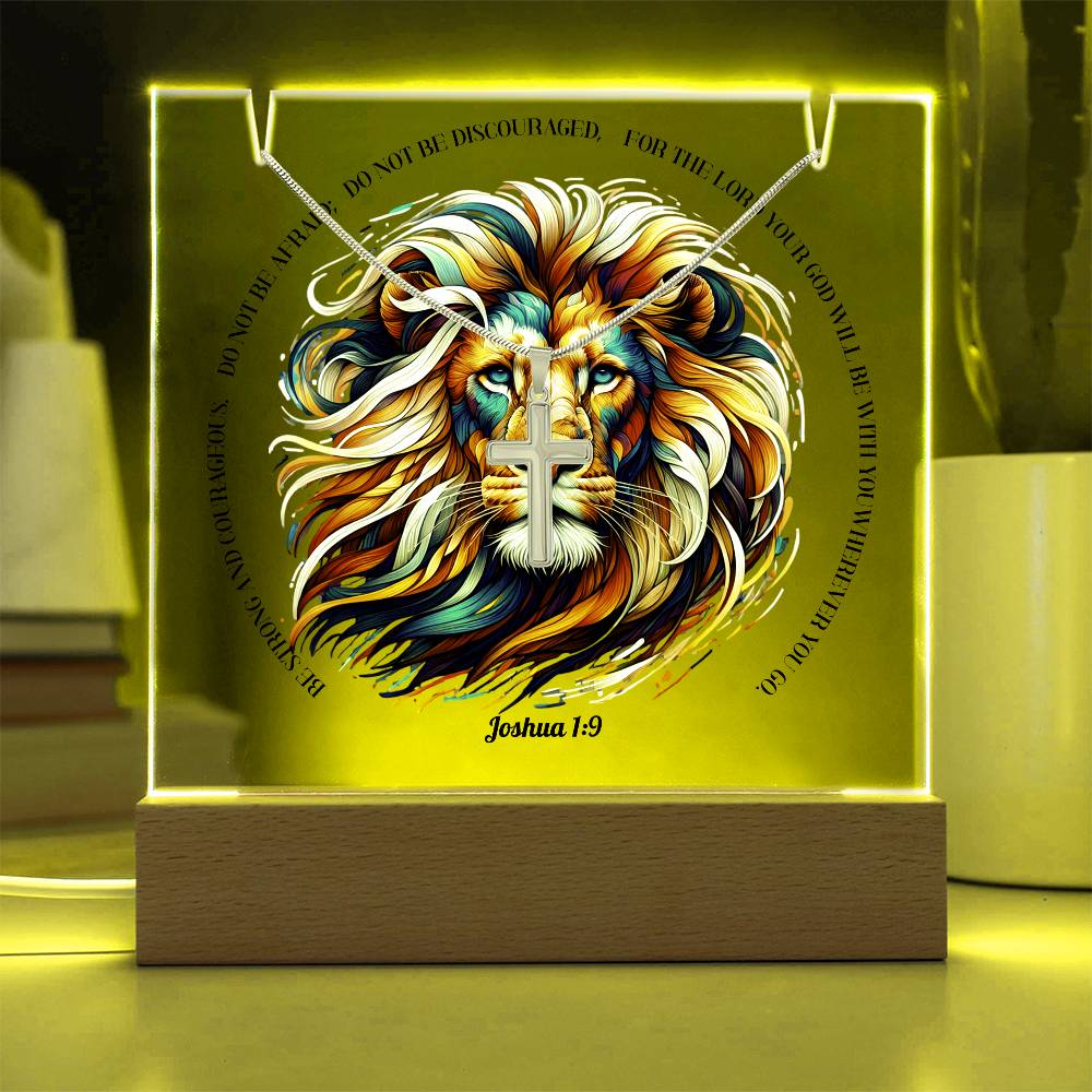 LION OF STRENGTH ACRYLIC ARTWORK AND CROSS NECKLACE WITH JOSHUA  1:9 VERSE