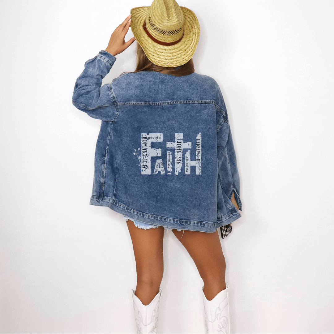 ELEVATED SPIRIT | WHITE BLOCK FAITH DENIM JACKET - Elevated Spirit 